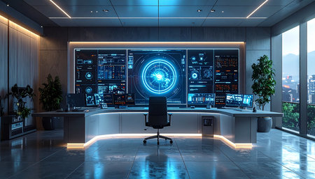In the heart of a global corporation, the empty command center awaits its operator. Gleaming screens display complex data streams and a holographic world map, representing the nerve center of innovation, strategy, and worldwide operations. This is where the future is monitored and shaped.の素材