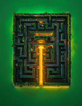 An aerial view of a complex, dark labyrinth set against a vibrant green background. A single, brightly illuminated golden path cuts through the confusion, representing a clear solution, a breakthrough idea, or the journey to success amidst challenges. This image symbolizes strategy, innovation, and finding direction.の素材