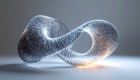 A luminous infinity symbol, crafted from a complex network of glowing particles, floats in a minimalist space. This abstract visualization represents concepts of endless possibilities, perpetual motion, and the infinite flow of data in the digital age. A warm light emanates from one point, suggesting a source of energy or a breakthrough moment within a continuous cycle.の素材
