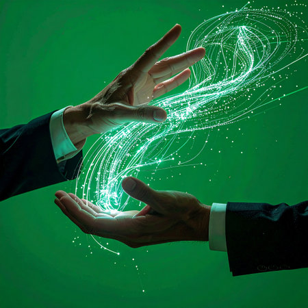 In a fusion of human ingenuity and digital power, two business partners collaboratively shape a swirling vortex of green energy. This represents the birth of a groundbreaking idea, the transfer of vital data, or the creation of a new technological frontier, symbolizing innovation, synergy, and limitless potential.の素材