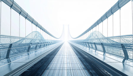 A sleek, modern bridge extends into a brilliant, ethereal light, symbolizing a journey towards innovation, success, and a limitless future. The clean lines and symmetrical perspective create a powerful visual metaphor for progress, clarity, and the path to new opportunities.の素材