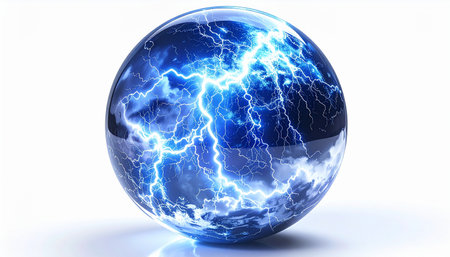 A crystal ball crackles with intense blue lightning, a contained storm of pure plasma energy. This mesmerizing orb symbolizes raw power, futuristic innovation, and the mysterious forces of science and magic, isolated on a clean white background.の素材