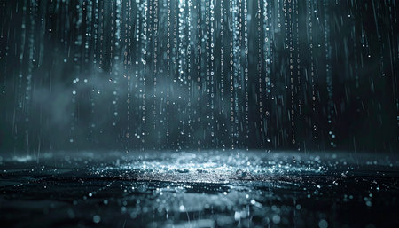 A torrential downpour cascades onto a dark, reflective stage, illuminated by a single dramatic light from above. Each drop creates a splash and ripple, contributing to a powerful and moody scene of natures intensity. This atmospheric background is perfect for conveying themes of drama, crisis, renewal, or a digital storm.の素材