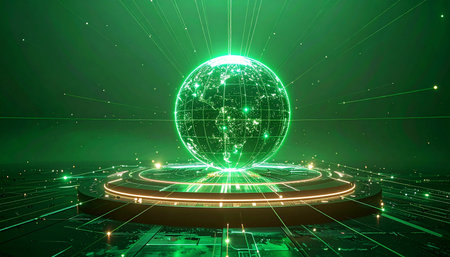 A luminous green hologram of Earth materializes above a high-tech podium, visualizing a complex web of interconnected data streams. This represents the pulse of global communication, finance, and innovation in a seamless worldwide digital ecosystem.の素材