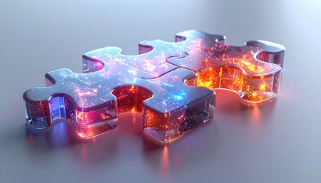 A single, intricate puzzle piece glows from within, its internal circuits pulsing with blue and orange light. This represents a crucial component, the key solution, or the final missing link in a complex technological system, symbolizing innovation, strategic integration, and the power of connection in a digital future.の素材