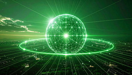 A luminous green sphere of pure data pulsates with energy, representing a breakthrough in global communication and artificial intelligence. This nexus of information floats above a complex digital landscape, symbolizing the interconnected future of technology, finance, and innovation on a worldwide scale.の素材