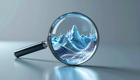 A magnifying lens zooms in on the intricate peaks and valleys of a digital data landscape, revealing hidden patterns and insights. This image captures the essence of meticulous research, business analytics, and the strategic exploration required to navigate the complexities of modern information and technology.の素材