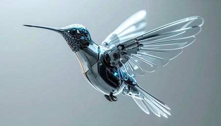 A marvel of futuristic engineering, a robotic hummingbird with translucent glass wings hovers with silent precision. This elegant creation represents the pinnacle of biomimicry and artificial intelligence, symbolizing a future where technology and nature merge in graceful harmony.の素材