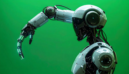 In a moment of quiet contemplation, a highly advanced humanoid robot examines its own intricate hand against a green screen background. This image captures the dawn of artificial consciousness, perfect for themes of technology, innovation, and the future of AI.の素材