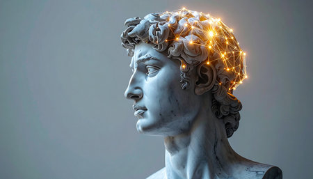 A fusion of classical art and futuristic technology, this image depicts a marble bust with its mind illuminated by a glowing neural network. It symbolizes the dawn of artificial intelligence, the connection between historical wisdom and modern innovation, and the birth of new ideas.の素材