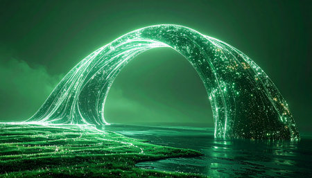 A magnificent arc of luminous green energy flows like a liquid aurora, creating a mystical portal over a tranquil, reflective surface. This otherworldly spectacle evokes a sense of futuristic innovation, magical power, and the serene beauty of a supernatural phenomenon.の素材