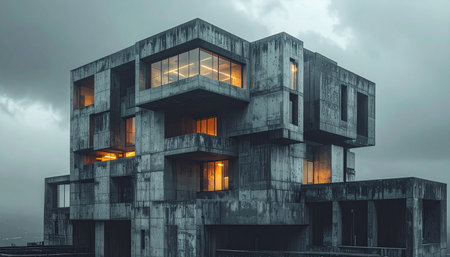 Under a stormy, grey sky, a monolithic brutalist structure stands firm. Its raw concrete facade is punctuated by warm, glowing windows, hinting at the secrets and life held within its imposing walls. A vision of a dystopian future or a secure modern fortress.の素材
