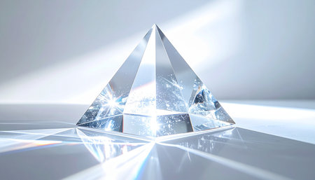 A flawless crystal pyramid sits on a pristine, reflective surface, capturing and refracting beams of pure light. The light splits into a mesmerizing display of caustics and subtle rainbow colors, creating an atmosphere of clarity, precision, and futuristic elegance. This abstract background symbolizes innovation, purity, and the intersection of science and beauty.の素材