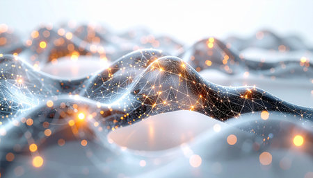 A luminous digital landscape unfolds where glowing nodes of information pulse with energy. This intricate network visualizes the complex flow of big data, representing the interconnected fabric of future technology, from artificial intelligence to global communication systems.の素材