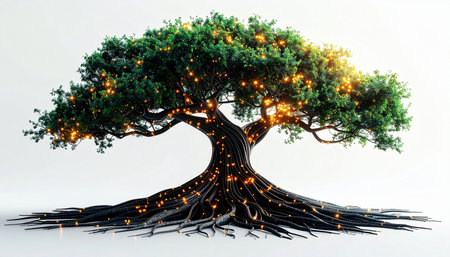 A magnificent tree stands isolated, its deep roots and sprawling branches forming an intricate network. Glowing nodes of light pulse through it, from the foundational roots to the lush canopy, symbolizing the flow of data, energy, and knowledge. This image represents a powerful metaphor for growth, technological innovation, and the interconnected systems that power our modern world.の素材