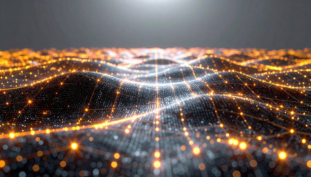 A vast, undulating landscape of interconnected data points flows towards a bright horizon. This digital sea represents the constant stream of information, big data, and technological innovation shaping the future.の素材