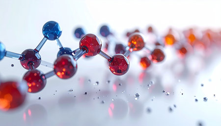 A detailed 3D rendering captures the intricate beauty of a molecular structure, symbolizing a scientific breakthrough in medicine or biotechnology. The shallow depth of field draws focus to the complex connections, representing the forefront of research and innovation.の素材