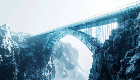 A monumental arch bridge emerges from the dense fog, connecting two sheer cliffs of a vast, mysterious canyon. This feat of modern engineering stands as a symbol of progress and connection, offering a path forward through an epic and atmospheric landscape shrouded in mist.の素材