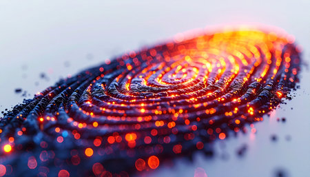 A macro view of a futuristic fingerprint composed of glowing digital particles. The vibrant orange and blue lights form the unique ridges, symbolizing the intersection of human identity and advanced technology. This image represents concepts of cybersecurity, data protection, and secure biometric authentication in a modern, abstract style.の素材