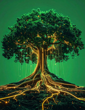 In a realm where nature and technology merge, the ancient Tree of Life pulses with a golden, digital energy. Its luminous roots form a vast network, channeling data and wisdom through the earth, symbolizing a new era of interconnected growth, sustainable innovation, and the powerful flow of information.の素材