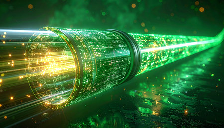 A torrent of digital information, visualized as brilliant green and gold light, rushes through the core of a futuristic fiber optic cable. This image captures the essence of high-speed global communication, representing the relentless flow of data that powers our modern world.の素材