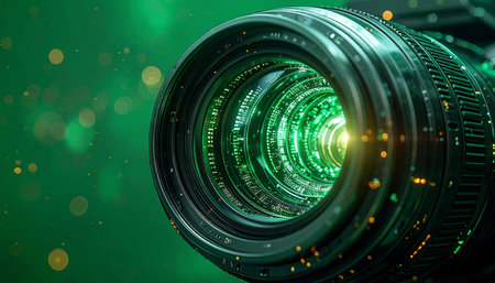 Peering through a cybernetic lens into the heart of the digital universe. A glowing green tunnel of light represents the infinite flow of data, information, and artificial intelligence, symbolizing the future of vision, surveillance, and technological discovery.の素材