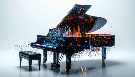 A grand piano transforms into a vibrant cityscape, one side ablaze with fiery passion and the other dissolving into a cool melody of musical notes. This surreal artwork captures the powerful, creative energy of urban music and the passionate soul of a symphony.の素材