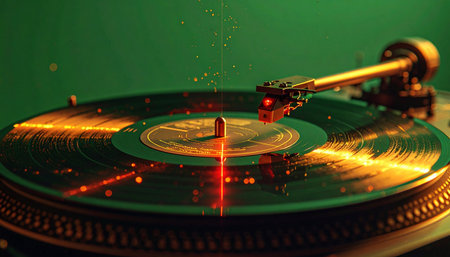 Golden sparks dance across the grooves of a spinning vinyl record, capturing the raw, warm energy of analog sound. Against a vibrant green backdrop, the needle traces a timeless melody, evoking a sense of nostalgia and pure musical passion in a moment of auditory magic.の素材