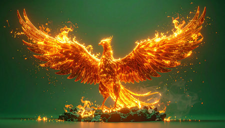 A magnificent phoenix, a creature of pure fire and light, rises from the embers of its past. With wings of blazing flame spread wide against a dark green backdrop, it symbolizes eternal rebirth, transformation, and the unyielding power of hope emerging from adversity.の素材