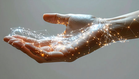 A human hand gently cradles a glowing network of digital light, symbolizing the power of technology, data, and innovation held within our grasp. It represents the future of connectivity and the seamless integration of the digital and physical worlds.の素材