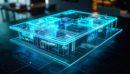 A glowing holographic blueprint of a modern building materializes in a dark room, showcasing the future of architectural design and engineering. This advanced 3D model represents innovation in smart home technology, construction planning, and virtual project visualization.の素材