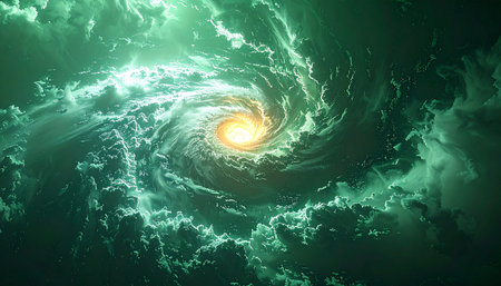A colossal emerald vortex churns through the cosmos, drawing everything toward its luminous golden eye. This celestial storm represents a gateway to unknown worlds, a powerful force of both creation and destruction, inviting the viewer on an epic journey into the heart of mystery.の素材
