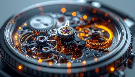 A mesmerizing macro view into the heart of a futuristic timepiece, where traditional horology meets advanced technology. Glowing orange lights illuminate the intricate dance of gears and springs, symbolizing the relentless and beautiful precision of times passage.の素材