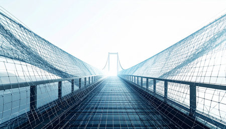 A modern metal walkway extends into a bright, foggy haze, leading towards the faint silhouette of a distant bridge. The strong one-point perspective creates a powerful sense of moving forward into a hopeful, yet unknown, future, symbolizing progress, journey, and new opportunities.の素材