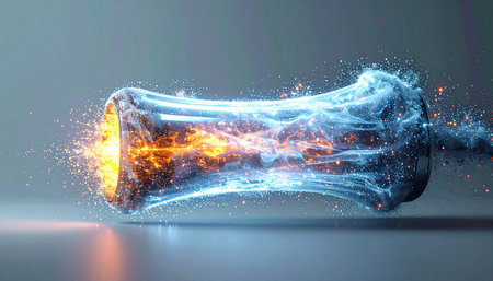 A powerful, futuristic energy core pulsates with raw power, contained within a shimmering blue field. Orange sparks erupt from its core, symbolizing a technological breakthrough, the birth of a new power source, or the immense potential of future innovation.の素材