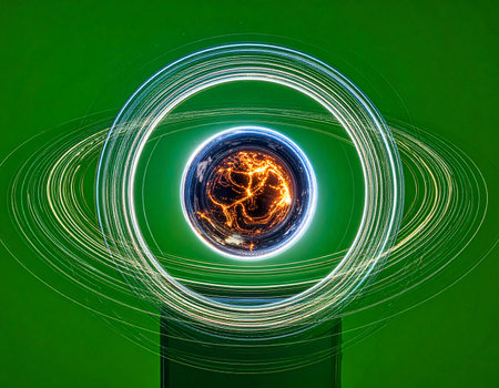 A visualization of a quantum energy core, where a fiery nucleus pulses with power. Luminous rings of light orbit the central sphere, creating trails of motion against a vibrant green background, symbolizing innovation, scientific breakthrough, and the future of technology.の素材