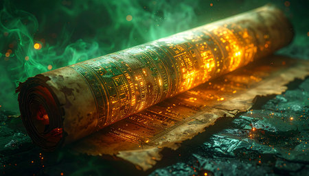 In a forgotten cavern, wreathed in emerald mist, lies a sacred scroll. It glows with an inner fire, its ancient runes pulsing with untold magic and the weight of a world-changing prophecy waiting to be revealed.の素材