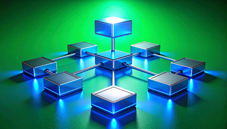 A central hub of glowing blue data radiates outward, connecting to a decentralized network of nodes. This 3D rendering visualizes concepts of modern technology, blockchain, and secure information sharing, symbolizing innovation and interconnected systems.の素材