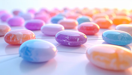 A beautiful, organized array of pastel-colored hard candies sits in neat rows, bathed in soft, ethereal light. The shallow depth of field creates a dreamy, abstract background, evoking feelings of sweetness, choice, and gentle joy.の素材
