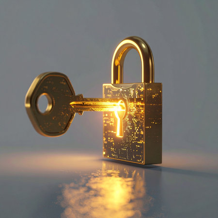 A glowing golden key is inserted into a digital padlock, illuminating the internal circuitry. This powerful visual represents unlocking complex solutions, gaining access to secure data, and the breakthrough moment in cybersecurity, encryption, and digital innovation.の素材