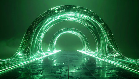 A luminous green energy portal forms a surreal corridor, inviting a journey into the digital unknown. Streams of light flow like a river, reflecting on a sleek surface, symbolizing the rapid transfer of data, technological advancement, and the gateway to a new dimension.の素材
