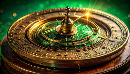 An ancient, golden astrolabe glows with an emerald light, its intricate dials spinning to reveal a hidden path. This mystical compass doesnt point north, but towards ones true destiny, offering guidance on a journey of adventure and discovery.の素材
