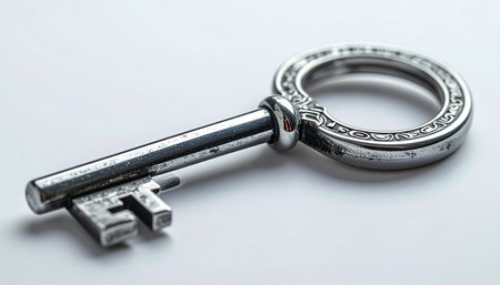 A single, ornate silver key rests on a clean white surface, its intricate details hinting at a forgotten story. This vintage object symbolizes access, solutions, and the unlocking of secrets, opportunities, or hidden potential.の素材