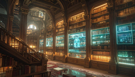 In a fusion of past and future, an ancient library houses the worlds knowledge on glowing digital archives. The air is thick with the silence of study and the hum of advanced technology, a sanctuary for scholars in a new age.の素材