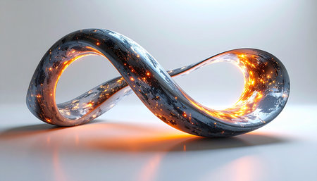 A futuristic infinity symbol, crafted from reflective chrome, pulses with an internal, fiery energy. This abstract loop represents endless possibilities, perpetual motion, and the boundless potential of technology and the metaverse, set against a clean, modern background.の素材