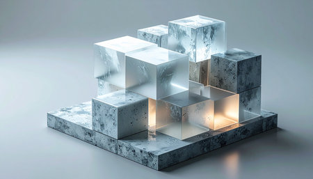 A sophisticated 3D composition featuring a structure of marble and translucent glass cubes. A warm, internal light glows from the core, suggesting innovation, foundational strength, and a hidden source of energy within a complex, modern system.の素材