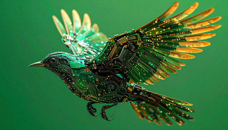 A symbol of technological evolution takes flight. This digital avian, crafted from intricate circuit boards and glowing components, soars through a green void, representing the seamless integration of nature and artificial intelligence. Its a powerful metaphor for innovation, sustainable technology, and the future of a connected world.の素材