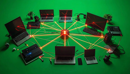 A central hub glows with power, connecting a circle of laptops and devices with vibrant red laser beams. This represents a complex, high-speed digital network facilitating the seamless exchange of data, symbolizing global connectivity, cybersecurity, and the future of information technology on a versatile green screen background.の素材