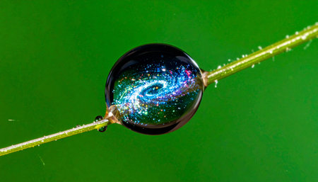 A tiny, perfect sphere of water on a blade of grass holds an entire swirling galaxy within its fragile surface. This macro image captures the concept of infinite possibilities, hidden worlds, and the profound connection between nature and the cosmos.の素材