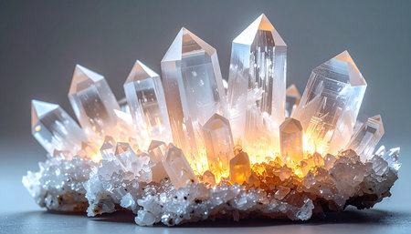 A stunning cluster of natural quartz crystals radiates a warm, inner light, suggesting a source of hidden power and pure energy. This mesmerizing formation evokes feelings of magic, healing, and spiritual clarity, perfect for concepts related to wellness and natural beauty.の素材